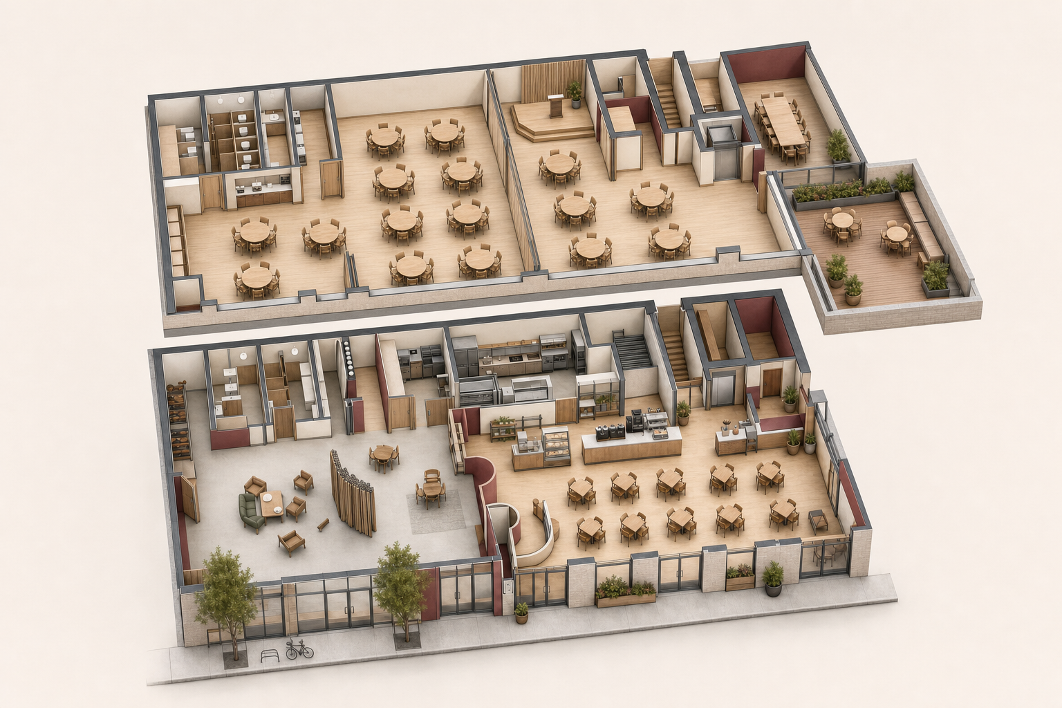 Campaign concept showing both floors arranged for community meals